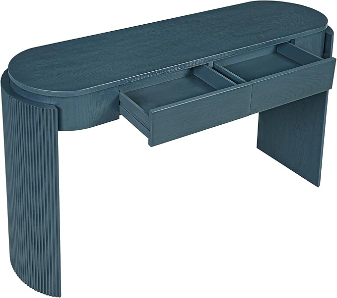 55" Sofa Table with Oval Top and 2 Drawers, Entryway Console Table with Fluted Design for Hallway,Foyer,Entry and Living Room (Fully Assembled-Navy)-CasaMuseHome