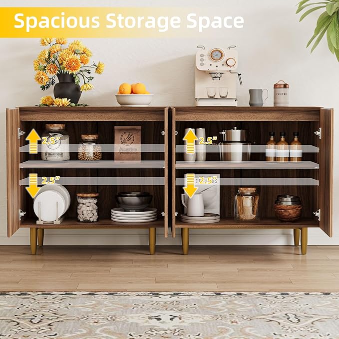 65 Inch Fluted TV Stand, Mid Century Modern Entertainment Center with Storage Cabinets & Adjustable Shelves, Media Console TV Credenza for Living Room, Dining Room, Hallway, Walnut-CasaMuseHome