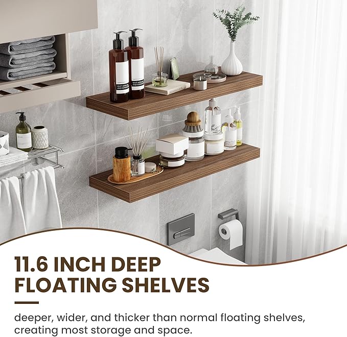 36 Inch Floating Shelves, 12 Inch Deep Floating Shelves for Wall, Floating Shelf with Invisible Brackets, Deep Shelves for Bathroom, Bedroom, Living Room, 2 Pack, Walnut-CasaMuseHome