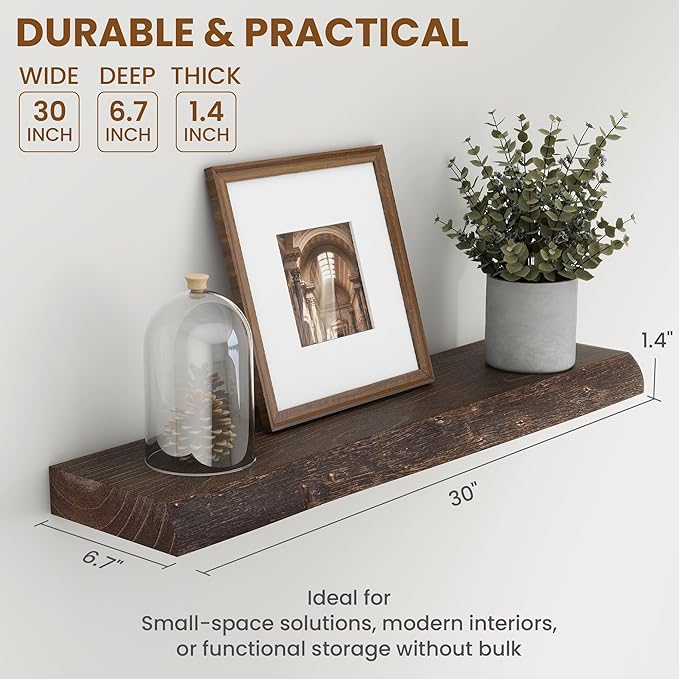 30" Floating Shelves, Live Edge Solid Elm Wood Floating Shelf, Wall Mounted Display Shelves with Heavy-Duty Bracket for Books, Rustic Wooden Shelf for Kitchen, Bathroom, Walnut Color, Set of 2-CasaMuseHome