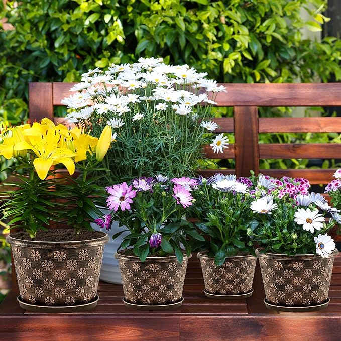 16 Inch Planter Pots for Plants, Plastic Large Flower Pots Indoor Outdoor, 4 Pack Resin Plant Pot with Drainage & Saucer, Retro Decorative Garden Pot with Removable Trays for House-CasaMuseHome