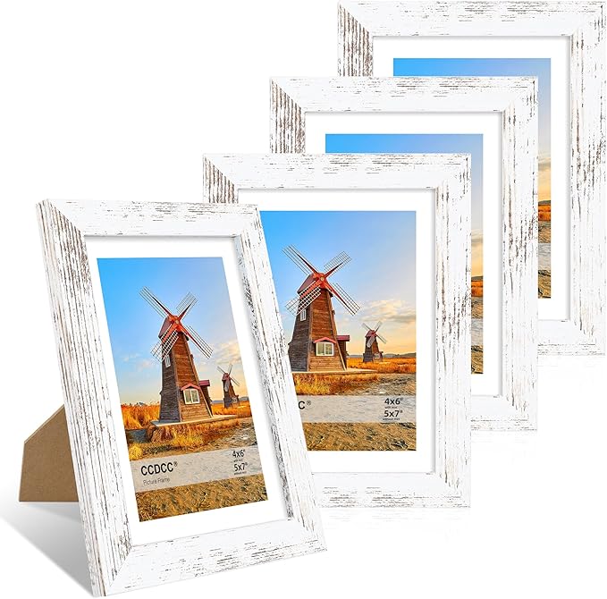 5x7 Picture Frame Set of 4, 5 x 7 Wood Photo Frames with Mat for 4x6, Rustic Natural Wooden Frame with Real Glass Cover for Wall and Tabletop Display,Distressed White-CasaMuseHome