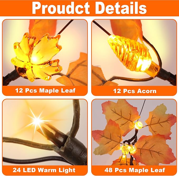 2 Pack 24 Inch Prelit Fall Maple Tree Fall Decor with 48 LEDs Timer Battery Operated Artificial Fall Light Up Tree Maple Acorn for Fall Thanksgiving Decorations Table Home Office Indoor Autumn Harvest-CasaMuseHome