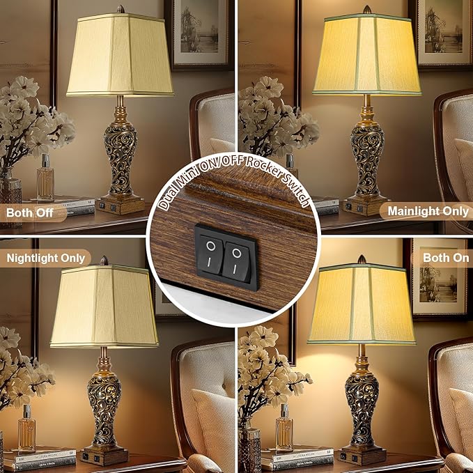 28.5'' Tall Farmhouse Vintage Table Lamp Set of 2 with Faux Silk Shade USB Ports Nightlight Decor for Bedside Living Room Bedroom Nightstands Office Home, Dark Bronze(Bulbs Included)-CasaMuseHome