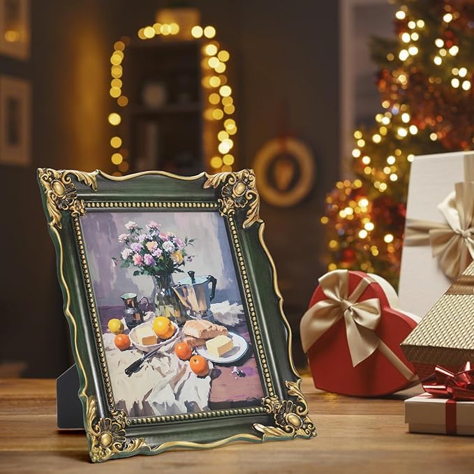 8x10 Vintage Picture Frame with Embossed Flower Design, Green Ornate Frame for 8x10 or 5x7 Pictures with White Mat, Hand-Crafted Resin Antique Frames for Tabletop & Wall Hanging, Home Decor (Green )-CasaMuseHome