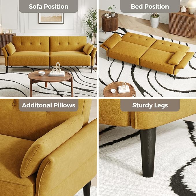 89” Futon Sofa Bed,Comfy Futon Couch Bed with 2 Square Pillows, Convertible Sleeper Sofa with Adjustable Backrest& Armrests, Modern Loveseat Sleeper for Living Room, Bedroom, Yellow-CasaMuseHome