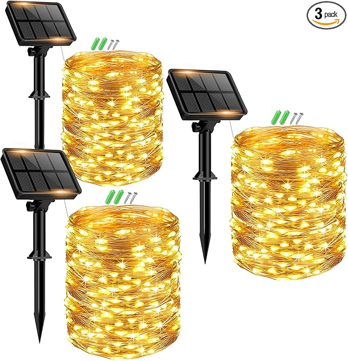 3 Pack Solar Fairy Lights for Outside Waterproof, Total 147FT 450 LED Solar String Lights Outdoor 8 Modes Solar Twinkle Lights for Garden Yard Christmas Tree Wedding Party Decor, Warm White-CasaMuseHome