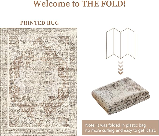 6'x9' Area Rug - Vintage Persian Medallion Design Low-Pile Faux Wool Rug, Non-Slip Backing, Machine Washable, for Living Room, Dining Room, Bedroom (Cream/Taupe)-CasaMuseHome