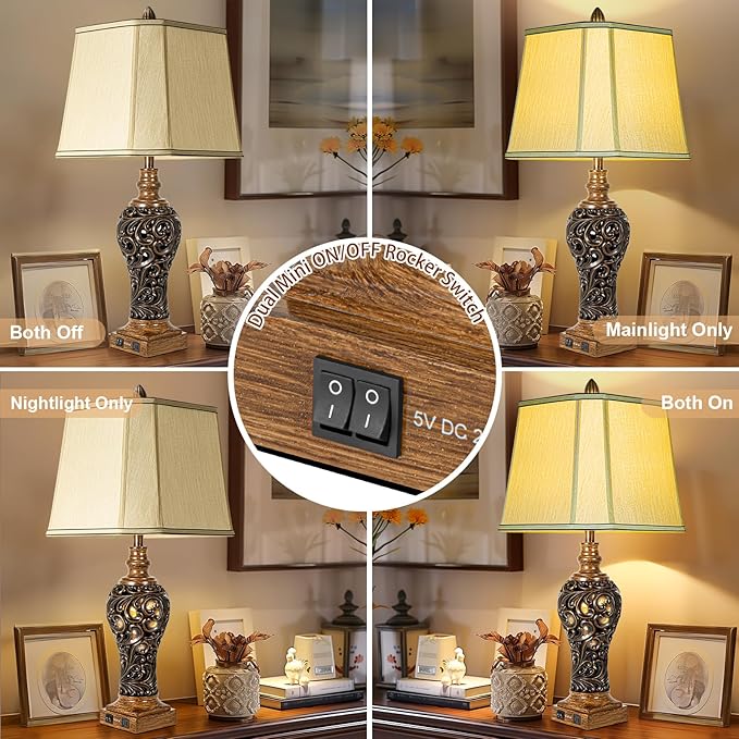 32'' Tall Rustic Vintage Table Lamps Set of 2 with Night Lights - Bedside Lamp with Faux Silk Shades for Bedroom and Living Room with 2 USB Charging Ports,Rustic Lamps for Living Room(Bulb Included)-CasaMuseHome