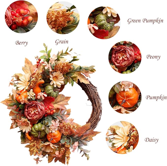 20Inch Fall Wreaths for Front Door,Fall Decorations for Home,Autumn Wreaths with Pumpkin Peony Sunflowers Berry Wreaths,Fall Door Wreath for Thanksgiving Halloween Farmhouse Home Outdoor Indoor Decor-CasaMuseHome