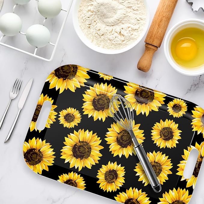 Serving Trays with Handles, 14.5 x 9.8 inch Rectangular Plastic Tray for Restaurant, Kitchen, Sunflower Black Background-CasaMuseHome