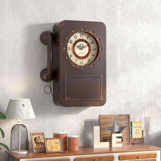 Abdurey Retro Old Telephone Wall Clock with Hidden Safe, Battery Operated Quartz Metal Wall Clocks, Large Rectangular Vintage Decor Clocks, for Farmhouse, Living Room(16" H x 12" W x 4" D)-CasaMuseHome