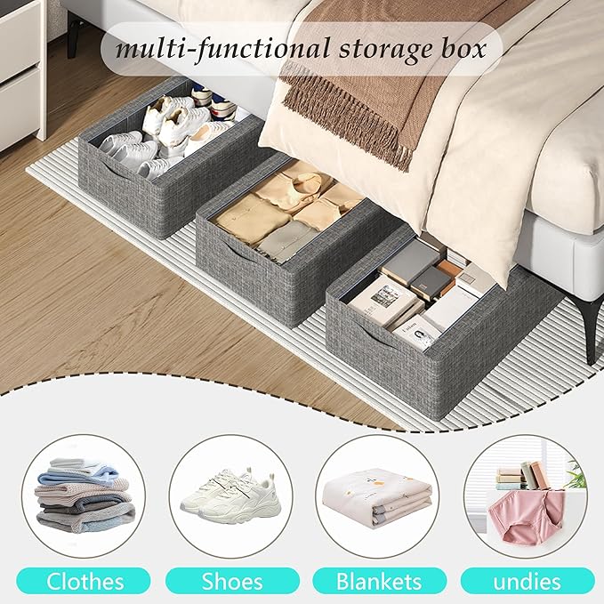 3PCS Under Bed Storage Bins with Metal Frame, Linen Fabric Frame Storage Box Clothes Organizer Bins, Underbed Container with Clear Window (Dark Grey, 23.6 x 13 x 6IN)-CasaMuseHome
