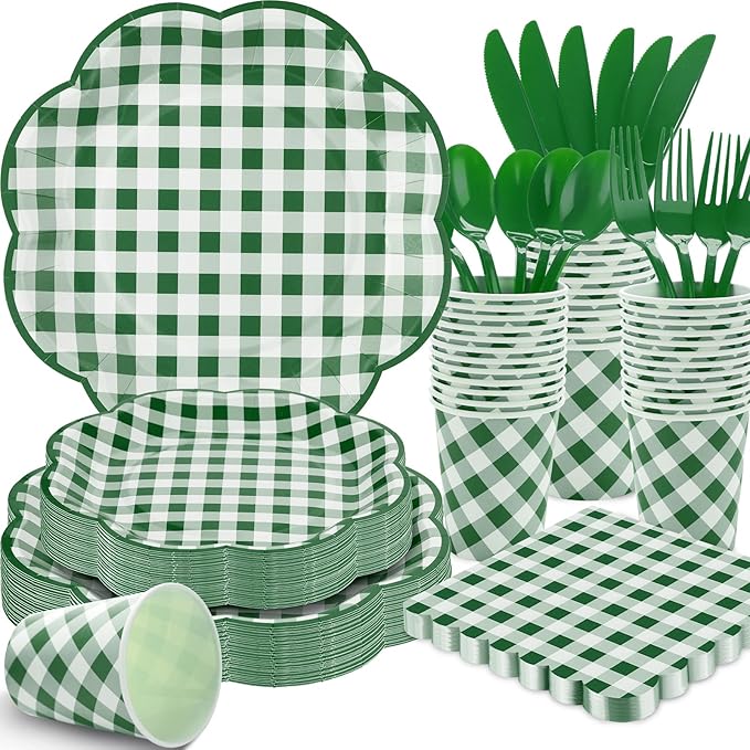350 Pcs Green Gingham Plates and Napkins Party Supplies - Green and White Checkered Plates Sets Serve 50 Guests - Scalloped Gingham Paper Plate for Birthday Picnic BBQ Golf Party Decorations-CasaMuseHome