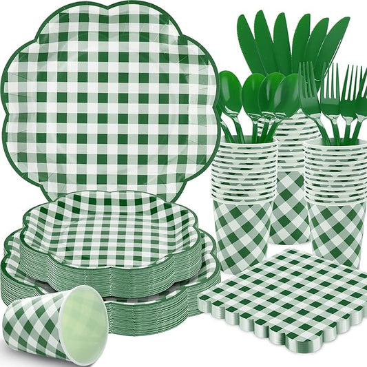 350 Pcs Green Gingham Plates and Napkins Party Supplies - Green and White Checkered Plates Sets Serve 50 Guests - Scalloped Gingham Paper Plate for Birthday Picnic BBQ Golf Party Decorations-CasaMuseHome