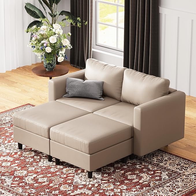 64.6" Faux Leather Loveseat Sleeper Sofa Bed with Storage Seat, Modern Modular Sectional Couch Deep Seat with Reversible Chaise 2-Seat Whitesand for Apartment, Living Room, Bedroom-CasaMuseHome