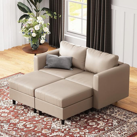 64.6" Faux Leather Loveseat Sleeper Sofa Bed with Storage Seat, Modern Modular Sectional Couch Deep Seat with Reversible Chaise 2-Seat Whitesand for Apartment, Living Room, Bedroom-CasaMuseHome