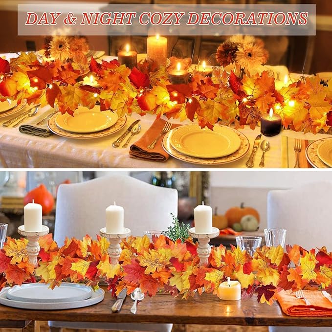 2 Pack Fall Decor Maple Leaves Garland with Lights Battery Operated Fall Thanksgiving Decorations Garland for Home Porch Front Door Table Mantle Outdoor Autumn Harvest Halloween Decor, 11.8Ft 40LED-CasaMuseHome