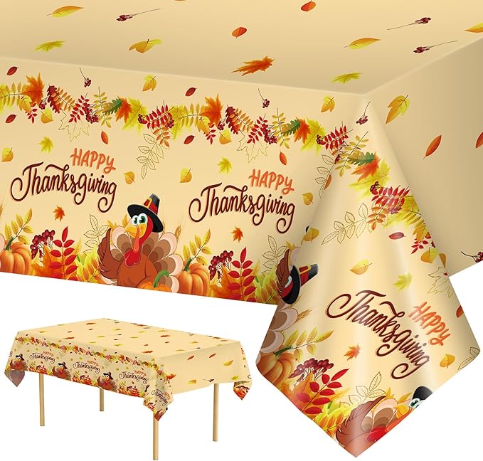 2 Pack Happy Thanksgiving Tablecloth - Fall Thanksgiving Turkey Table cloths, Disposable Plastic Rectangle Autumn Pumpkin Maple Leaf Table Cover for Thanks Giving Tables Decor Party Supplies,108x54In-CasaMuseHome