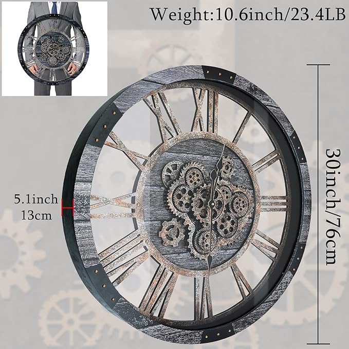 30 Inch Industrial Steampunk Wall Clock, Gray, Battery Operated, Real Rotating Gears, Solid Wood Frame, Oversized Wall Clock for Living Room Decor-CasaMuseHome