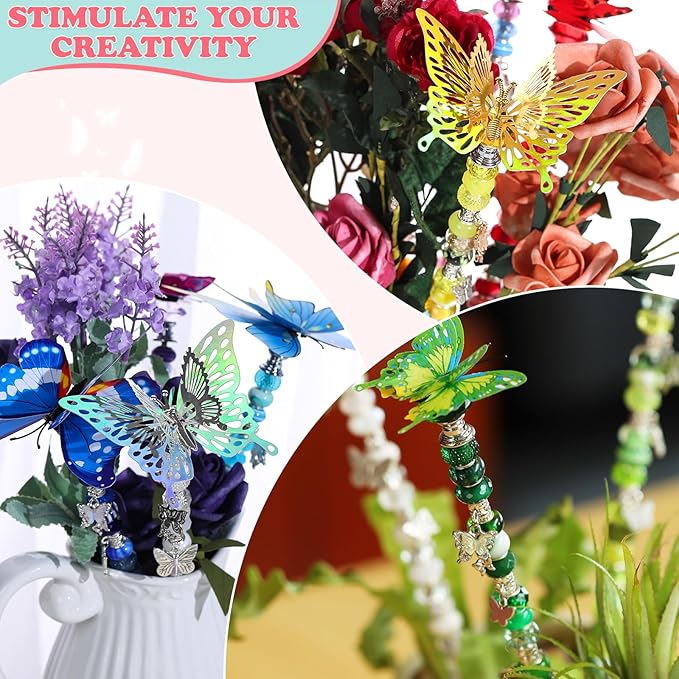 380pcs Beaded Garden Stake, DIY Butterfly Fairy Wand Garden Stake Kit with 10IN Threaded Rod Crystal Stopper Top Large Holes Beads Butterfly Decoration Pendants Outdoor Fairy Garden kit-CasaMuseHome