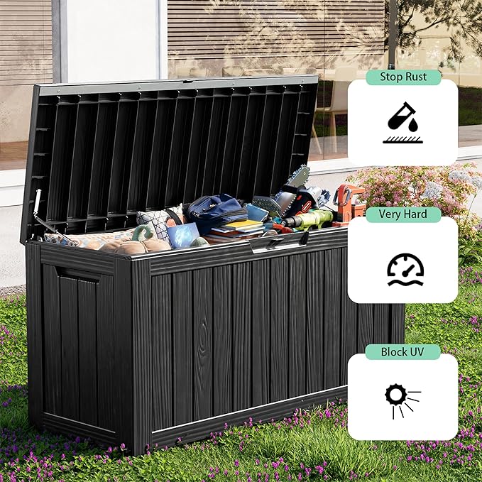 86 Gallon Outdoor Deck Box,Storage Lockable Waterproof Patio Furniture,Garden Tools,Cushions,Pool Accessories Outside Storage Resin Box(Black)-CasaMuseHome