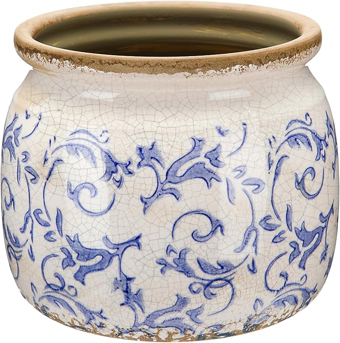 1 Pcs Vintage Planter Large Ceramic Plants Pot Blue Chinoiserie Crack Cottage Scroll Vase Flower Vase Pot Indoor Plants Home Kitchen Decor Farmhouse Antique Decorative Gift-CasaMuseHome