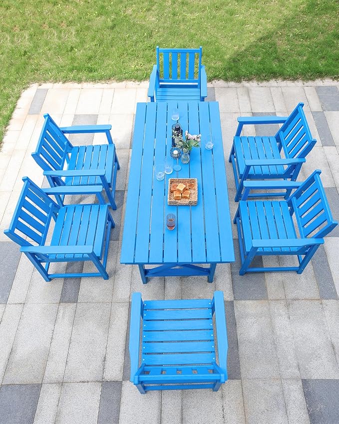 7 Pieces HDPE Outdoor Dining Set, Patio Dining Set with Umbrella Hole, All Weather Outdoor Dining Table Sets for 6, HDPE Patio Furniture Sets for Deck, Backyard, Lawn, and Poolside, Sky Blue-CasaMuseHome