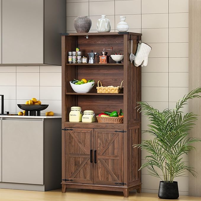 70in Tall Bookshelf 5 Tier Bookcase with Barn Doors and Adjustable Shelves, Brown Farmhouse Book Shelf with Storage Cabinet, Wood Freestanding Display Bookshelves for Bedroom, Living Room-CasaMuseHome