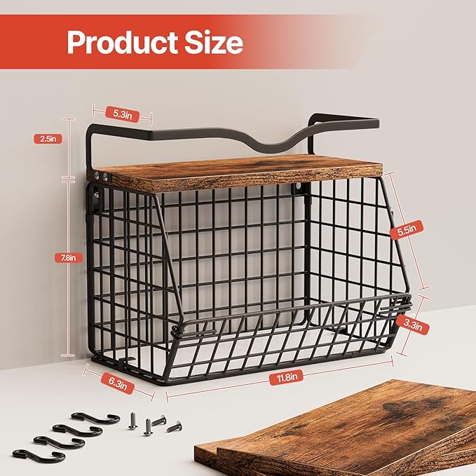 2 Pack Fruit Bowl Hanging Fruit Basket for Kitchen Counter ,Stackable Wire Baskets for Onion Storage and Potato Storage with Wood Lid,Vegetable Fruit Basket with Banana Hooks-CasaMuseHome