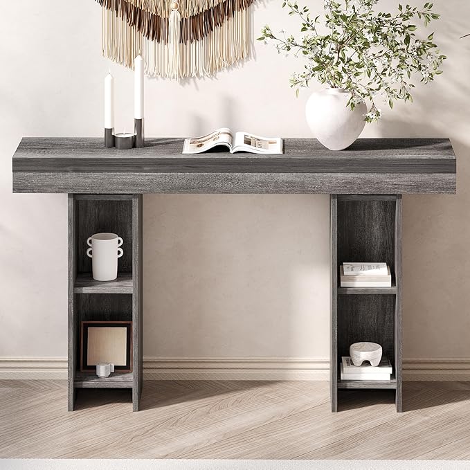 55Inch Farmhouse Console Table,Wooden Rectangular Sofa Table Behind The Couch,Entryway Console Table with Storage for Living Room, Hallway,Entrance (Grey)-CasaMuseHome