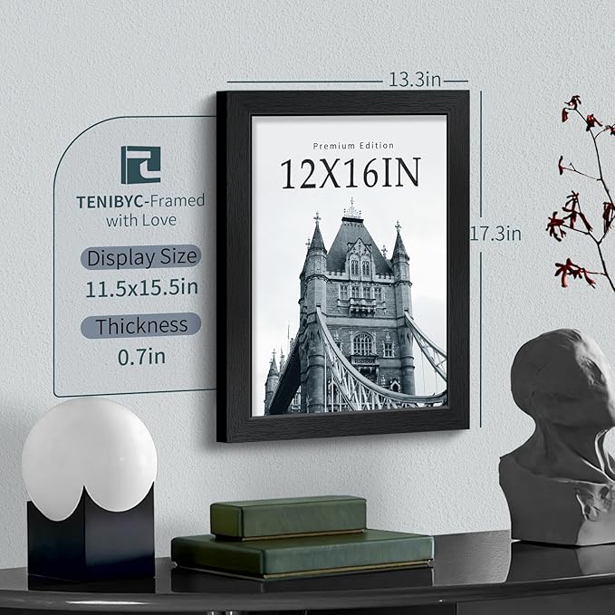 12x16 Picture Frame 3 pk - Textured Black Wood, HD Tempered Glass, Wall Gallery Picture Photo Frame-CasaMuseHome
