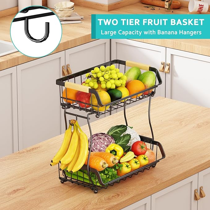2 Tier Fruit Basket with 2 Banana Hangers, Detachable Countertop Fruit Bowls for Kitchen Counter, Metal Wire Fruit Vegetable Storage Holder Stand with Wooden Handles for Bread, Snacks, Veggies-CasaMuseHome