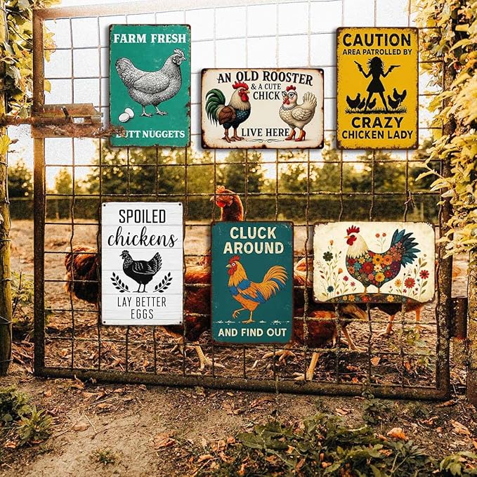 6 Pack Chicken Coop Signs – Vintage Farm Accessories Funny Metal Tin Signs for Outdoor Chicken Coop Decor, Farmhouse Wall Art, Rustic Barn Yard Decorations, 8x12 Inch-CasaMuseHome