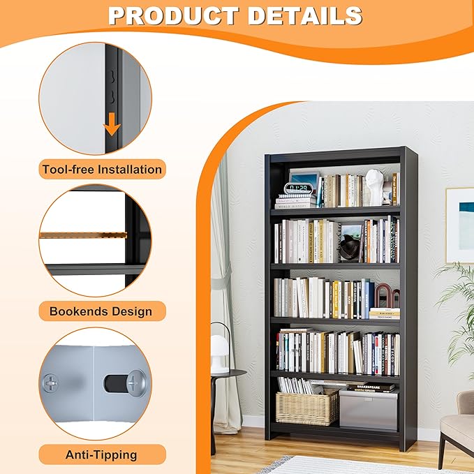 5 Tier Book Shelf, Metal Bookshelf, 69.3” Tall Black Bookcase, Free-Standing Industrial Bookshelves, Tools-Free Assembly Book Storage Organizer for Bedroom, Living Room, Office (Black)-CasaMuseHome
