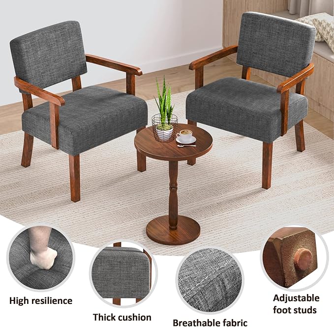 Accent Chair Set of 2 with Table, Living Room Chairs with Soft Seat and Armrests for Living Room Bedroom Reading Room Waiting Room, Grey (AC01)-CasaMuseHome