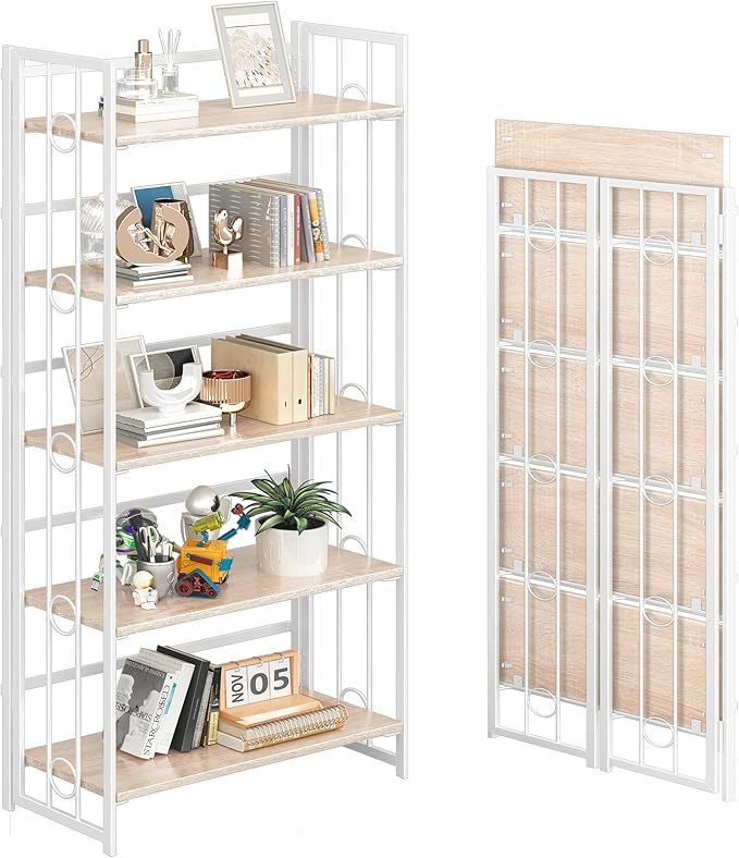 4NM No Assembly 5 Tiers Folding Bookshelf, 59.4" H Foldable Storage Shelves Vintage Bookcase Standing Racks Study Organizer Home Office - Natural White-CasaMuseHome