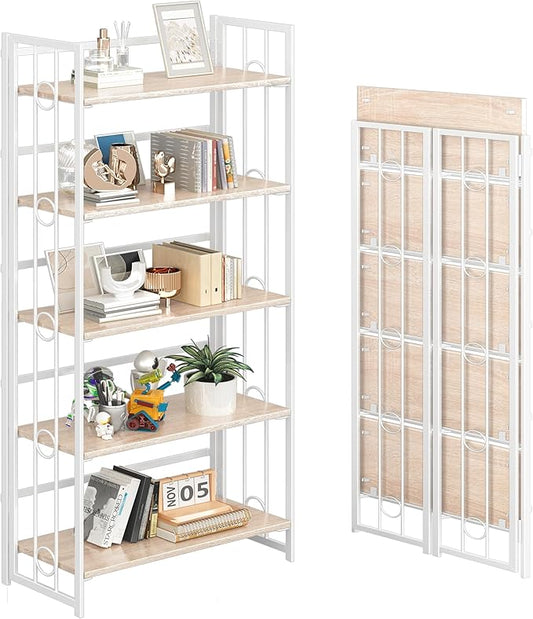 4NM No Assembly 5 Tiers Folding Bookshelf, 59.4" H Foldable Storage Shelves Vintage Bookcase Standing Racks Study Organizer Home Office - Natural White-CasaMuseHome
