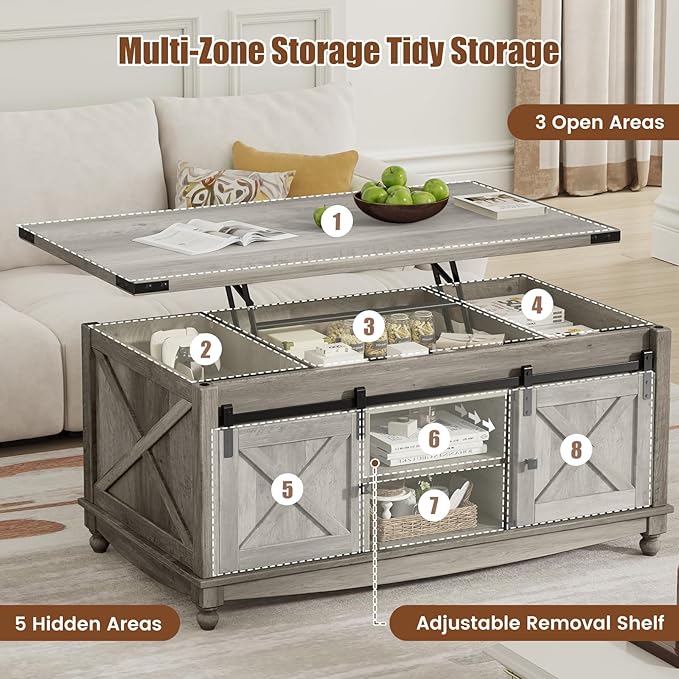 48" Farmhouse Lift Top Coffee Table with Storage Sliding Barn Door & Large Hidden Compartment, Coffee Table with Lifting Top with Wooden Lift Tabletop, Coffee Tables for Living Room, Grey-CasaMuseHome