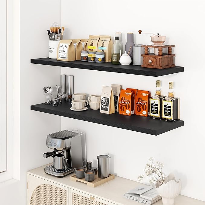 48" Floating Shelves for Wall, 12" Deep Slim Black Floating Shelves, Wall-Mounted Shelves for Bedroom, Living Room, Kitchen, Bathroom - Set of 2-CasaMuseHome