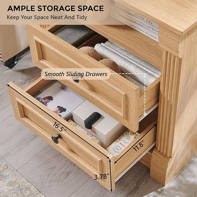 26" Tall Farmhouse Nightstand, 2 Drawers End Table w/Charging Station, 23.6" Wide Large Side Table w/Roman Column, Wood Rustic Sofa Table w/Open Shelf, Bedside Table for Bedroom, Natrual-CasaMuseHome