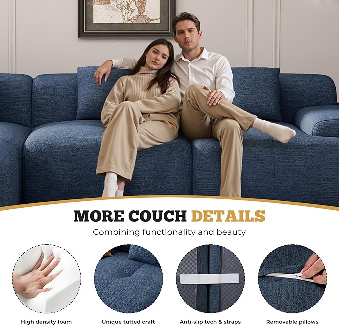122" Modern L Shaped Modular Sectional Sofa, Boneless Couches for Living Room with Ottoman,4 Seater Convertible Chenille Cloud Couch Sofa Set, No Assembly Required, Blue 1 PCS-CasaMuseHome
