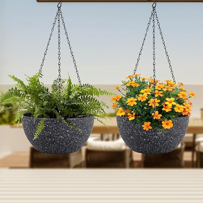 8 inch Small Hanging Planters for Indoor Outdoor Plants, 2 Pack Hanging Flower Plant Pots with Drainage Holes and Chain for Porch, Plastic Hanging Baskets for House Plants, Speckled Black-CasaMuseHome