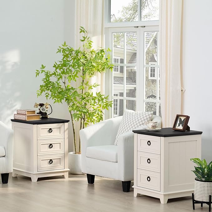 18" Farmhouse Night Stand with 3 Drawers, Wood End Table Dresser for Bedroom, White Nightstand, Bed Side Table with Metal Handle, Bedside Cabinet for Bedroom Living Room, Closet-CasaMuseHome