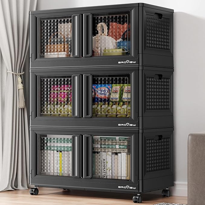 300Qt Stackable Storage Bins with Lids, 75Gal Closet Organizers and Storage Drawer, Plastic Collapsible Storage Bins with Doors, Heavy Duty Store Box Cabinet for Home Kitchen, 3Pack Black-CasaMuseHome