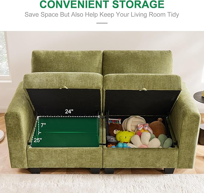 38.5 Oversized Accent Chair with Storage Green Corduroy, Single Modern Accent Sofa Chair with Arms for Apartment Living Room (21" Deep Seat)-CasaMuseHome