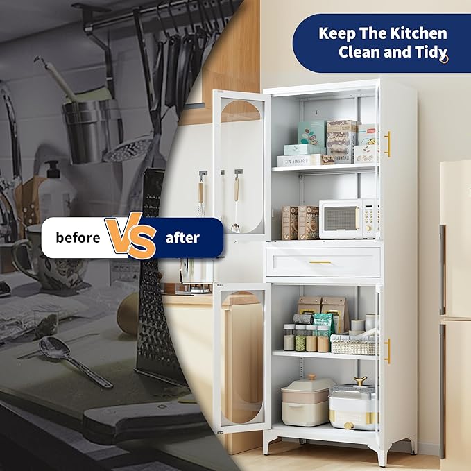 75” Tall Kitchen Pantry Storage Cabinet, Metal Storage Cabinet with 1 Drawer and Adjustable Shelves, Kitchen Pantry Cupboard, Freestanding Cupboard for Bathroom (White-4 Doors and 1 Drawer)-CasaMuseHome