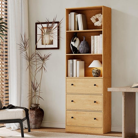 71" Tall Bookshelf with Storage, Bookcase with Drawers, Farmhouse Wooden Corner Book Shelves, Mid Century Modern Book Shelf Wall Standing Home Decor Furniture for Living Room, Bedroom, Office, Kitchen-CasaMuseHome