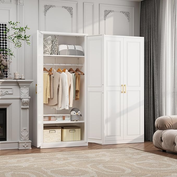 71" Metal Armoire Wardrobe Closet with 2 Doors, Tall Wardrobe Cabinet with Hanging Rod and Adjustable Shelves, White Clothing Storage Cabinets for Bedroom, Laundry Room, Home Office-CasaMuseHome