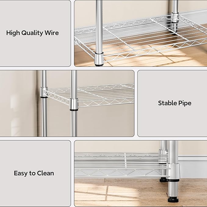 5 Tiers Shelf Metal Storage Shelves Wire Rack Closet Organizers with Wheel for Garage Kitchen Bathroom Laundry Chrome 11.8" D x 17.7" W x 55" H-CasaMuseHome